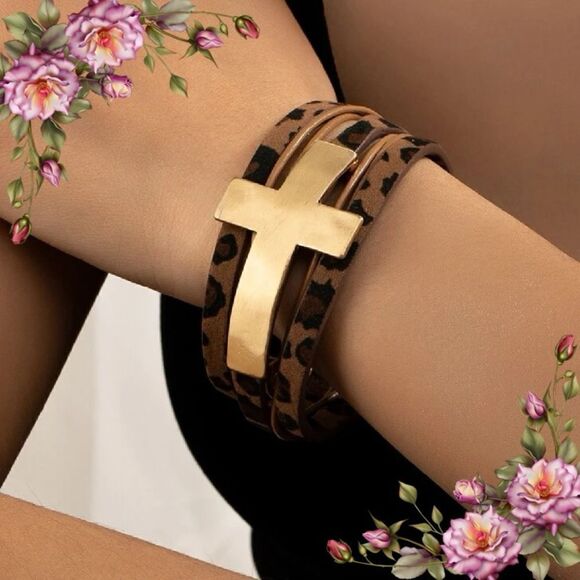 Fake suede Cross Decor Leopard Pattern Bracelet with magnetic closure - Picture 15 of 15